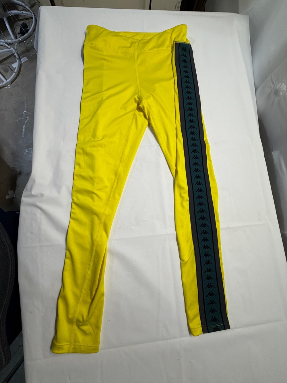 Kappa Yellow Leggings with Dark Green Logo Side Tape
